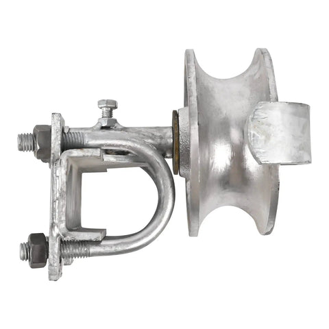 Side view of heavy duty chain link sliding gate roller with 5 inch wheel, galvanized steel hardware for 2-inch frames and 1-5/8 inch track.