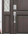 Keyless Entry Door Lock With Keypad Deadbolt Satin Nickel Finish, 4 To 8 Digit Passcode, installed on a wooden door