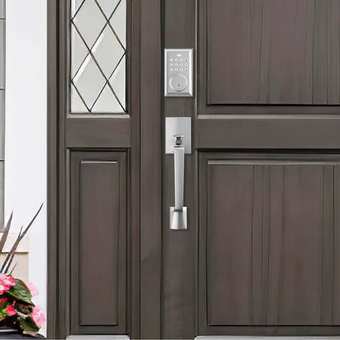 Keyless Entry Door Lock With Keypad Deadbolt Satin Nickel Finish, 4 To 8 Digit Passcode, installed on a wooden door