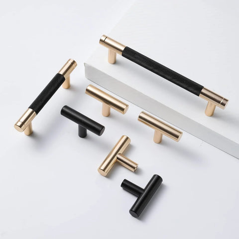 12 Pack Knurled Cabinet Handles 5 Inch Hole Center 6.2 Inch Length Aluminum Pulls Gold And Black Oxidation Finish on display
