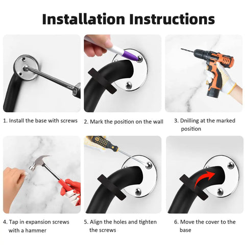 Installation steps for Industrial Metal Stairs Grab Bar Handrail For Indoor Outdoor Stairs And Wall Mount Matte Black 12 Inch.