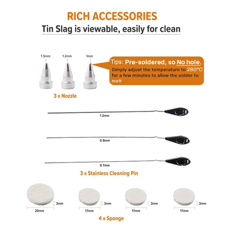 Accessories for Digital Vacuum Desoldering Station With Built In Vacuum Pump For Pro Grade Desoldering And Rework, nozzles, pins, sponges visible.
