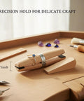 Adjustable Wooden Jewelry Holding Clip Clamp For Ring Shanks And Small Components 5.7 Inch Workbench Vice Secure Gentle Grip DIY Jewelry Making Tool For Stable Crafting And Precise Assembly, wooden ring clamp with 5.71 inch size on workbench