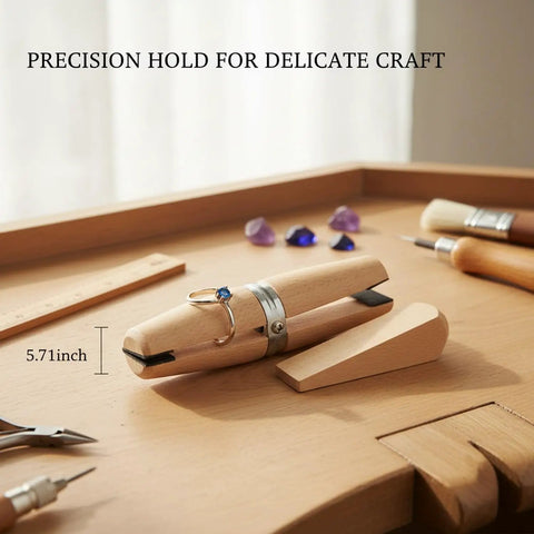 Adjustable Wooden Jewelry Holding Clip Clamp For Ring Shanks And Small Components 5.7 Inch Workbench Vice Secure Gentle Grip DIY Jewelry Making Tool For Stable Crafting And Precise Assembly, wooden ring clamp with 5.71 inch size on workbench