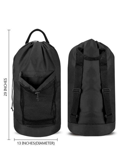 Front and back view of Durable Nylon Laundry Backpack With Drawstring Closure Large Capacity Hamper Bag With Mesh Pocket Adjustable Wide Straps