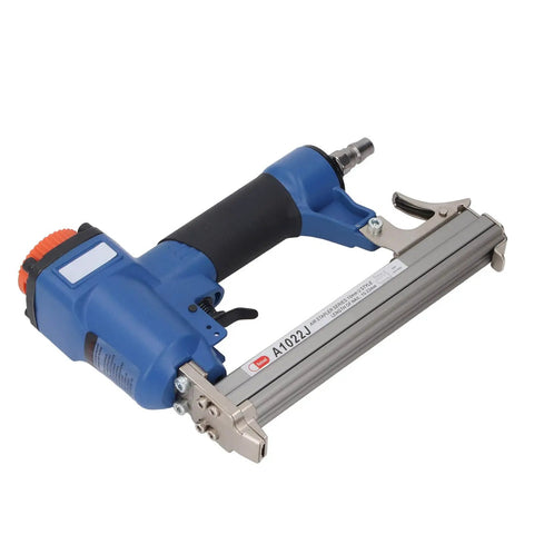 Heavy Lifting Pneumatic Brad Nailer 20 Gauge Air Nail Gun aluminum body with blue handle and quick connect for woodworking.