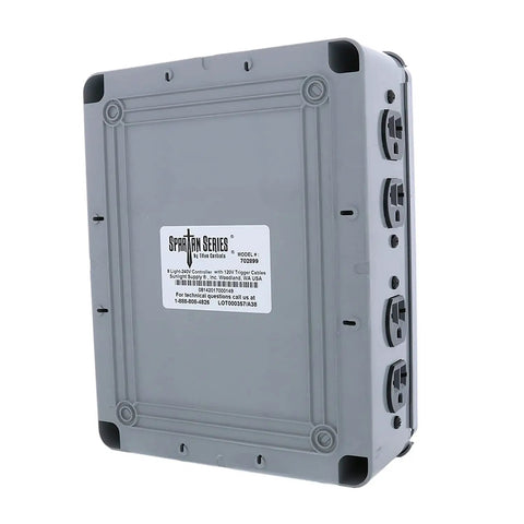 Spartan Series 8 Light Grow Controller For 240V Setups With Dual Trigger Cords, side view with visible outlets, tan finish
