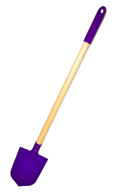 Purple spade from Kids Garden Tool Set 4 Piece Rake Spade Hoe And Leaf Rake With Real Wood Handles And Steel Heads, 27.5 Inch Long