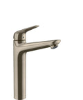 Low Flow Water Saving 1 Handle 12 Inch Tall Bathroom Sink Faucet In Brushed Nickel Single Hole Mount With Optional 3 Hole Compatibility Baseplate Sold Separately Modern Sleek Design side view
