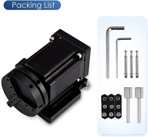 D70 Pro-Grade Rotary Axis Attachment for Fiber Laser Engravers with 70mm rotating shaft, 3 jaw chuck, tools, and parts in packing list