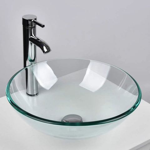 Crystal Glass Vessel Sink With Faucet Set For Bathroom Vanity, Round Bowl Design, Tempered Glass Build, Modern Chrome Faucet, 16.5 Inch Wide, Sleek Easy Install, Durable And Stylish