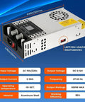 Adjustable Dc Bench Power Supply Pumping Out 0 To 12 Volt And 0 To 50 Amp with dual digital gauges and smart cooling fan.