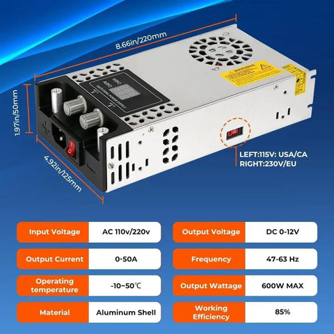 Adjustable Dc Bench Power Supply Pumping Out 0 To 12 Volt And 0 To 50 Amp with dual digital gauges and smart cooling fan.