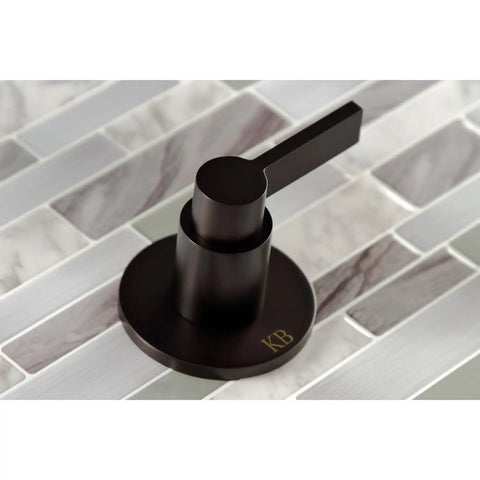 NuvoFusion Double-Handle Tub And Shower Faucet in polished brass with geometric design on tiled background, top view