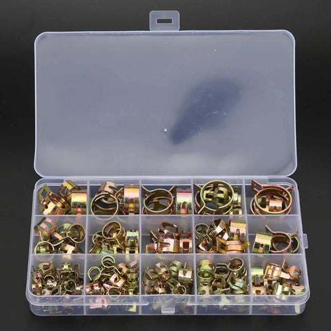 Rock Solid 115 Piece Hose Clamp Assortment Kit With Colored Zinc Plated Spring Clips For Water Tubes Air Pipes And Automotive Plumbing Fasteners That Are Durable Versatile And Perfect For Any Home Repair Job You Might Have., open plastic case with assorted zinc plated hose clamps
