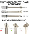 Guide shows wick length and fuel amounts for Relightable Permanent Lighter With Multitool Keychain Bottle Opener Reusable Waterproof Flint Fire Starter For Outdoor Survival No Matches Needed Dual Pack Silver Lighters For Camping Barbecues Emergencies And Adventure.