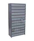 Badass Heavy Duty Steel Shelving Rack Featuring Ninety Tough Euro Drawers For Smooth Garage Parts Organization And Zero Dust Hassle In Classic Gray Design.