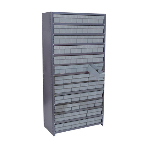 Badass Heavy Duty Steel Shelving Rack Featuring Ninety Tough Euro Drawers For Smooth Garage Parts Organization And Zero Dust Hassle In Classic Gray Design, showing drawers and sturdy frame.