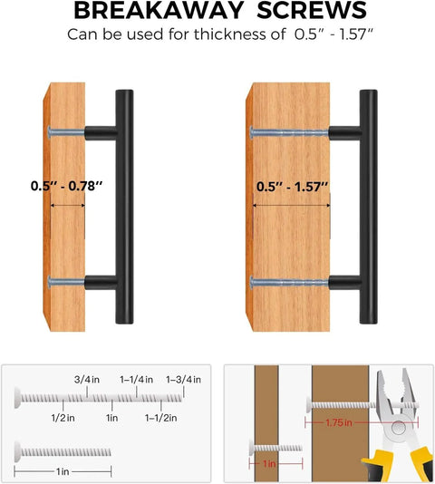 Diagram showing installation of 10 Pack Matte Black Cabinet Handles 4 Inch Center To Center, stainless steel pulls for various thicknesses