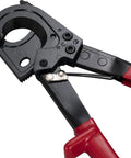 Heavy Duty Ratchet Cable Wire Cutter For Slick One Hand Operation With High Voltage Insulated Handles And Quick Release Lever To Cut Copper Or Aluminum Without Any Hassle, close-up view of cutting jaws.