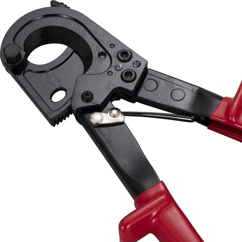 Heavy Duty Ratchet Cable Wire Cutter For Slick One Hand Operation With High Voltage Insulated Handles And Quick Release Lever To Cut Copper Or Aluminum Without Any Hassle, close-up view of cutting jaws.