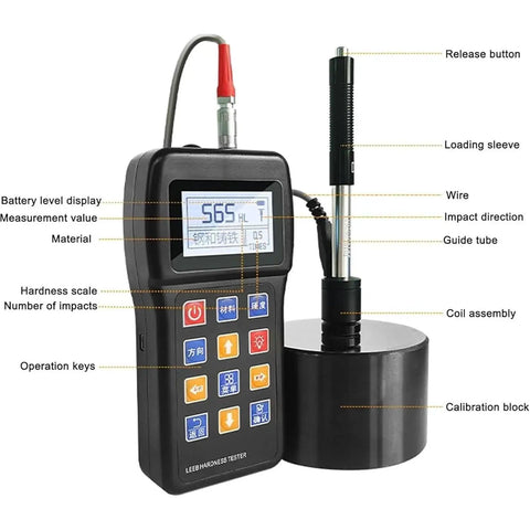 Portable Leeb Hardness Tester For Metals With D Type Impact 170 To 960 HLD Range And 360 Degree Multi Scale Conversion HL HRC HRB HB HV HRA HS Large Screen On The Go Quick Metal Hardness Readings, with calibration block