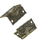 Close-up of the decorative pattern on two 20 Piece Mini Patterned Bronze Hinges With Mounting Screws For Small Wooden Boxes