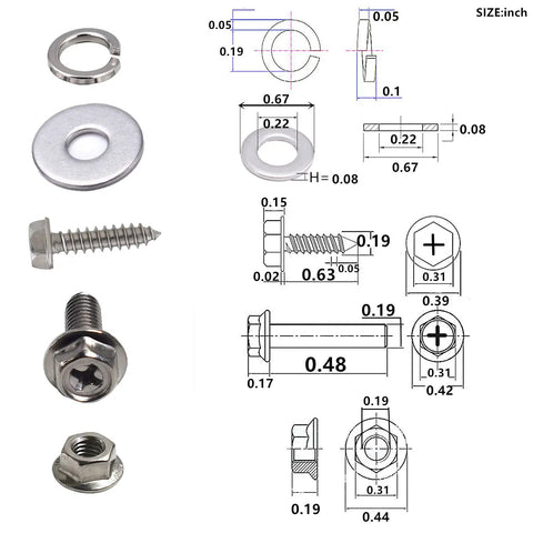 Eight Pack Stainless Steel License Plate Screws With Flange Cross Recessed Hex Bolts M5 Thread diagram and size details
