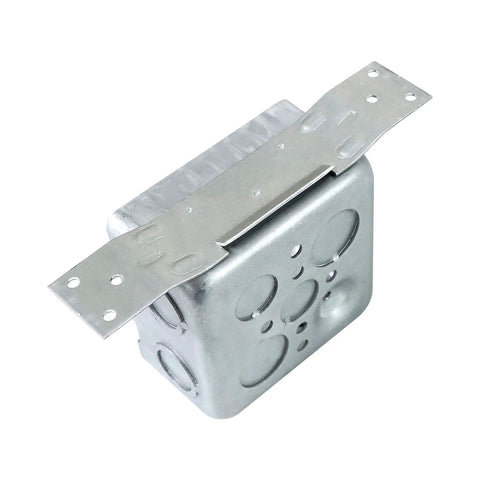 Heavy Duty Four Inch Square Electrical Box With Side Bracket For Easy Mounting Two And One Eighth Inch Deep Metal Junction Box