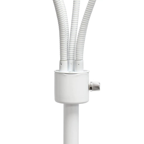 Close-up of Medusa Five Light Adjustable Gooseneck Floor Lamp With White Base focusing on adjustable neck mechanism.