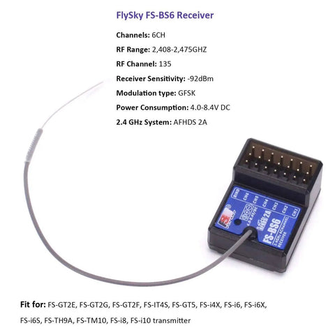 Ultra Lightweight 2.4Ghz 6CH AFHDS2 Receiver For RC Cars And Boats with visible FlySky FS-BS6 label and connector pins
