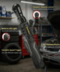 12V Cordless Brushless 3/8 Inch Ratchet Wrench Kit With 65 Ft-Lbs Torque, Li-Ion Battery, Built-In LED, shown in workshop.