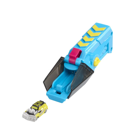 Yellow Crusher Battle Racers Micro Scale Car With Launcher, Epic Speed, Battle Action Toy Set with blue launcher and car