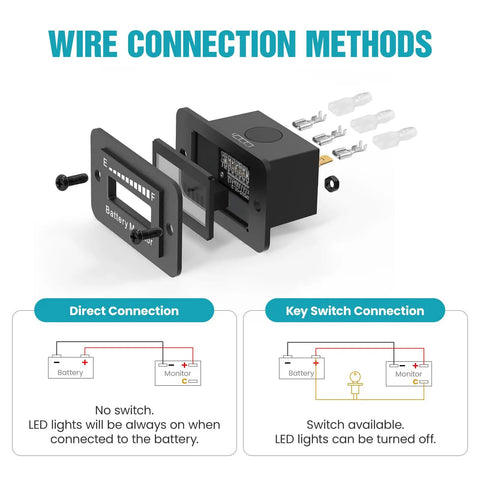 12V 24V 36V 48V 60V 72V Battery Monitor Meter Waterproof LED Battery Capacity Voltage Indicator showing connection methods