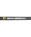 Close-up of Wakeman logo on Portable 65 Inch Fiberglass Spinning Rod And Size 20 Reel Combo Two Piece Medium Action Bass Fishing Pole