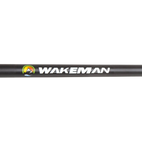 Close-up of Wakeman logo on Portable 65 Inch Fiberglass Spinning Rod And Size 20 Reel Combo Two Piece Medium Action Bass Fishing Pole