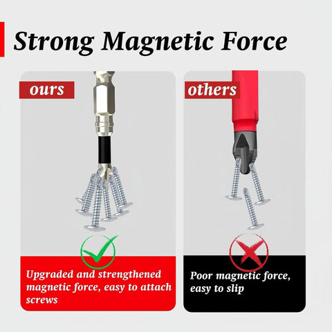 Top Tier Magnetic Drill Bit Kit With Shockproof S2 Alloy Steel Screwdriver Bits And Non Slip Hex Shank For High Torque Impact Driver Jobs And Heavy Duty Electric Drills That Hold Screws Tight During Any Tough Project. Close-up of strong magnetic bit holding screws