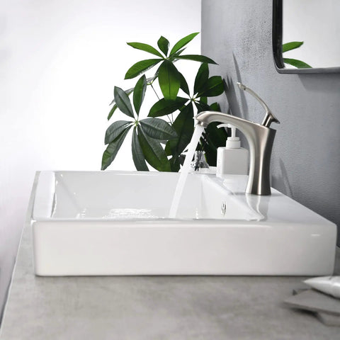 Rectangular White Porcelain Vessel Sink For Bathroom Above Counter With One Faucet Hole, Dope Sleek Glossy Finish, Durable Non Porous Surface, 23.8 Inch Length By 18.5 Inch Width, Modern Lavatory Basin For Vanity Cabinet side view.