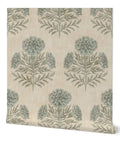 Blue Floral Vinyl Wallpaper With Subtle Leather Texture Finish Paste Required Commercial Grade Wallcovering For Hotels Offices Restaurants Custom Printed Just For You Professional Installation Recommended Solid Performance Room Decor rolled out displaying floral pattern on beige background.