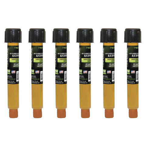 Six EZ-Ject A/C dye cartridges, 0.5 oz (15 ml) each, amber liquid with orange caps