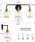 Dimensions of Black And Gold 3 Light Vanity Light Fixture Over Mirror With Clear Glass Shade For Bathroom, 22.4 Inch Wall Sconce