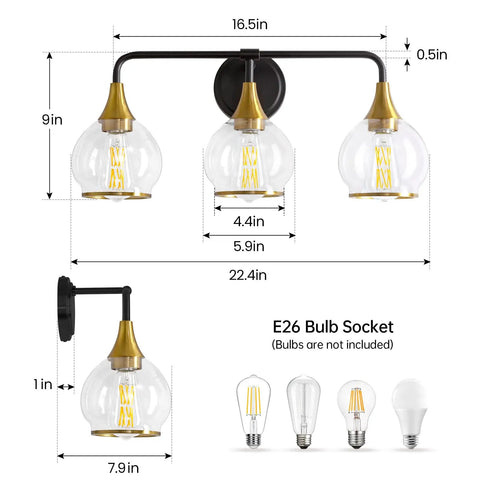 Dimensions of Black And Gold 3 Light Vanity Light Fixture Over Mirror With Clear Glass Shade For Bathroom, 22.4 Inch Wall Sconce