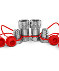 Summit Hydraulics 1/2in ISO 5675 quick-connect tractor couplers, ball-pioneer style, silver with red dust caps, 2 sets.