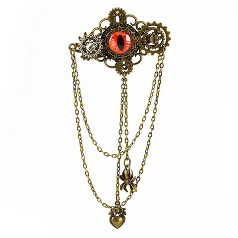 Get That Giddy Up With This Antique Gold Convertible Mechanical Gear Hair Jewelry Pin with red eye detail and chains.