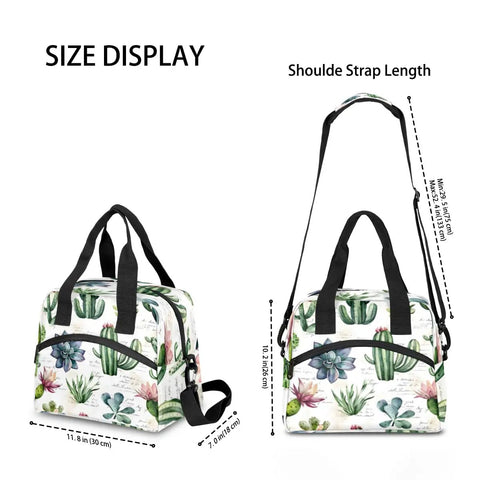 Desert Plant Inspired Tropical Green Insulated Lunch Bag For Women And Men With Adjustable Shoulder Strap, size display.