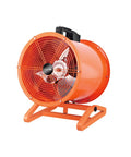 No Frills Heavy Duty Industrial Drum Fan 14 Inch Orange with oscillating head, durable steel housing, used for high velocity cooling in shops.