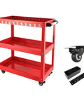 Heavy Haul Rolling Tool Cart With Silent Polyurethane Wheels And Rounded Corner Shelves, red steel frame and three shelves.