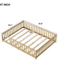 Queen Floor Bed With Safety Guardrails in Natural Rubber Wood Finish Solid Construction That Supports Up to 500 Lbs dimensions shown