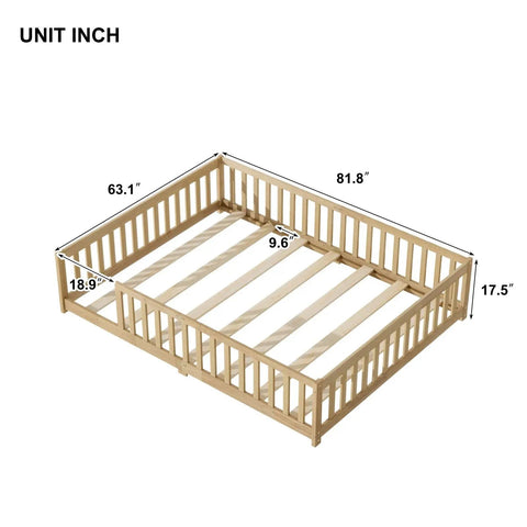 Queen Floor Bed With Safety Guardrails in Natural Rubber Wood Finish Solid Construction That Supports Up to 500 Lbs dimensions shown