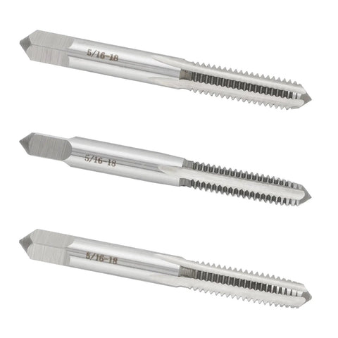 Three-piece 5/16-18 UNC Right Hand Hand Tap Set, polished alloy tool steel, for metalworking, DIY thread repair on steel, cast iron, aluminum.